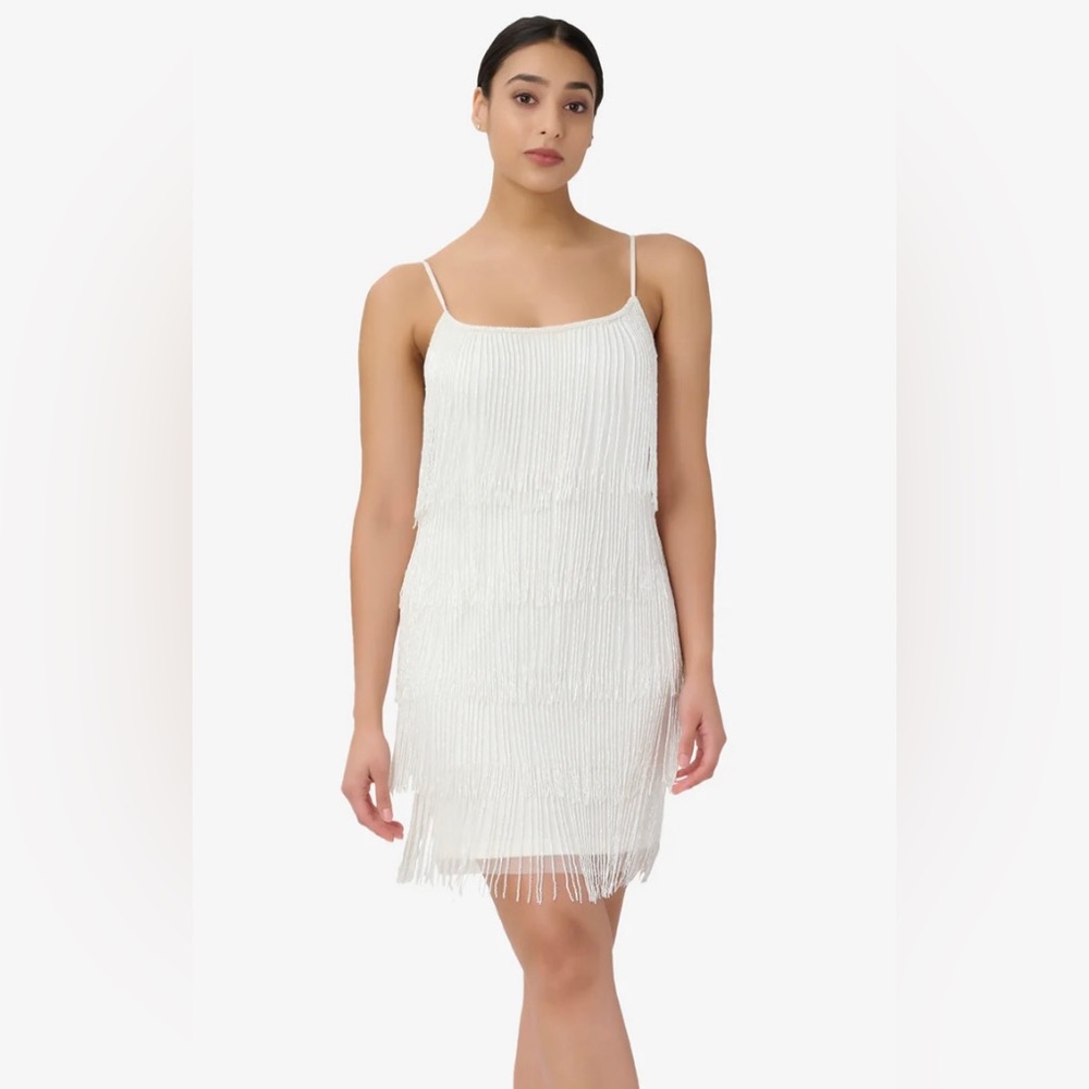 Adrianna Papell White Fringe Mini Dress